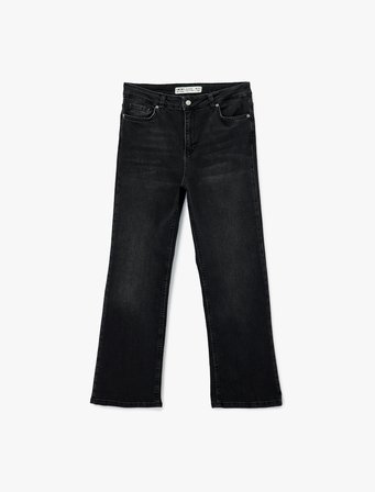 Yüksek Bel Dar Kalıp Düğmeli Cepli İspanyol Paça Crop Jean Pantolon - Flare Jeans