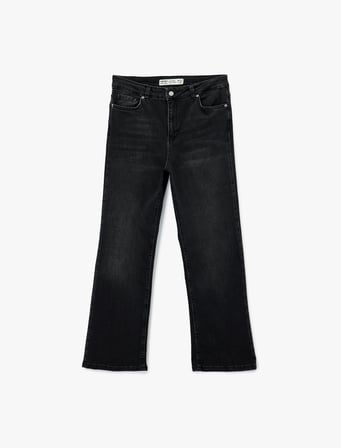 Yüksek Bel Dar Kalıp Düğmeli Cepli İspanyol Paça Crop Jean Pantolon - Flare Jeans