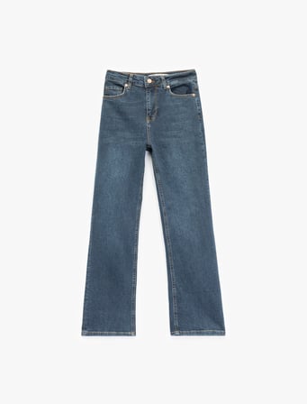 Yüksek Bel Dar Kalıp Düğmeli Cepli İspanyol Paça Crop Jean Pantolon - Flare Jeans