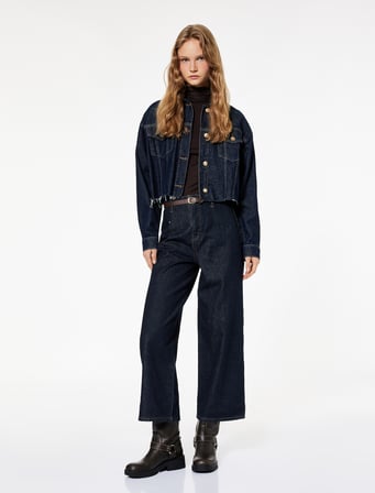 Yüksek Bel Pamuklu Kemer Detaylı Cepli Kısa Geniş Paça Jean Pantolon - Wide Leg Jeans