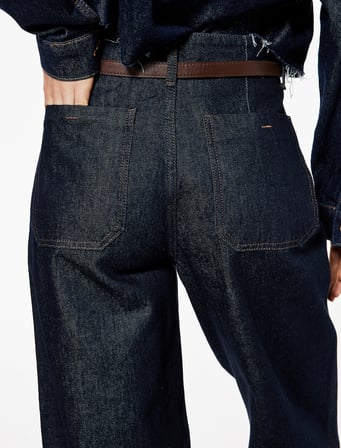 Yüksek Bel Pamuklu Kemer Detaylı Cepli Kısa Geniş Paça Jean Pantolon - Wide Leg Jeans