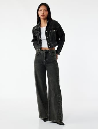 Normal Bel Taş Detaylı Geniş Paça Pamuklu Denim Pantolon -  Wide Leg Jeans