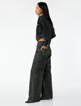 Normal Bel Taş Detaylı Geniş Paça Pamuklu Denim Pantolon -  Wide Leg Jeans