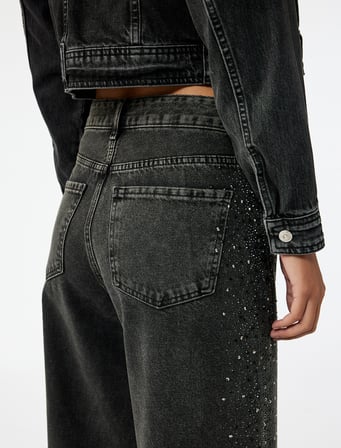 Normal Bel Taş Detaylı Geniş Paça Pamuklu Denim Pantolon -  Wide Leg Jeans