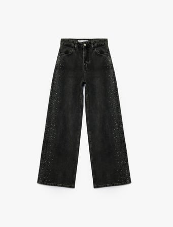 Normal Bel Taş Detaylı Geniş Paça Pamuklu Denim Pantolon -  Wide Leg Jeans