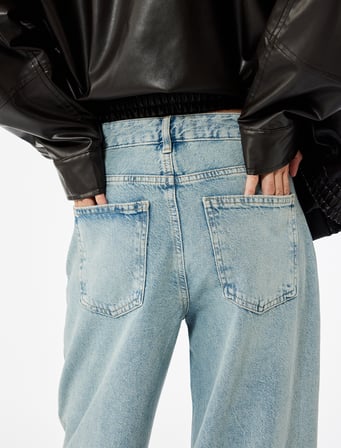 Pamuklu Regular Fit Geniş Paça Taşlı Denim Pantolon - Wide Leg Jeans