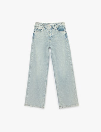 Pamuklu Regular Fit Geniş Paça Taşlı Denim Pantolon - Wide Leg Jeans
