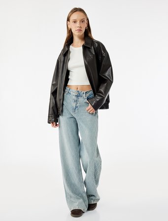 Pamuklu Regular Fit Geniş Paça Taşlı Denim Pantolon - Wide Leg Jeans