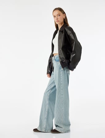 Pamuklu Regular Fit Geniş Paça Taşlı Denim Pantolon - Wide Leg Jeans