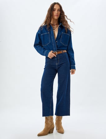 Yüksek Bel Rahat Kalıp Pamuklu Denim Pantolon - Culotte Jeans