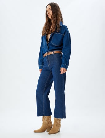 Yüksek Bel Rahat Kalıp Pamuklu Denim Pantolon - Culotte Jeans