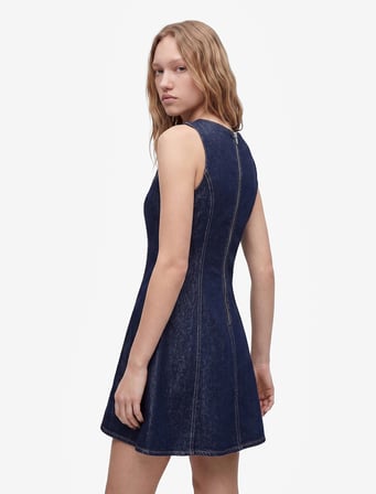 Pamuklu Bisiklet Yaka Dikiş Detaylı Volanlı Kolsuz Mini Denim Elbise