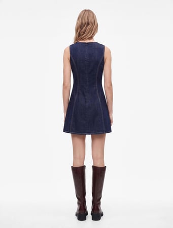 Pamuklu Bisiklet Yaka Dikiş Detaylı Volanlı Kolsuz Mini Denim Elbise