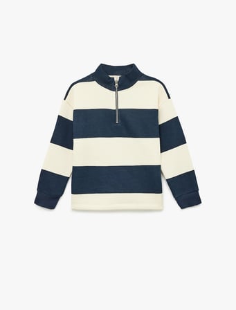 Şardonlu Yarım Fermuarlı Uzun Kollu Dik Yaka Oversize Çizgili Sweatshirt