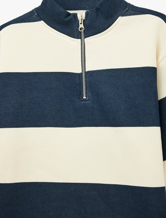 Şardonlu Yarım Fermuarlı Uzun Kollu Dik Yaka Oversize Çizgili Sweatshirt