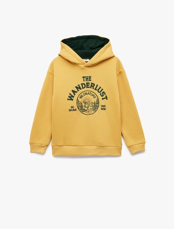 Nakışlı Şardonlu Uzun Kollu Oversize Kapşonlu Sweatshirt