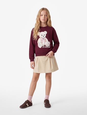 Bisiklet Yaka Uzun Kollu Ayıcık Baskılı Sweatshirt