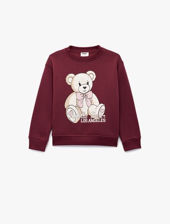 Bisiklet Yaka Uzun Kollu Ayıcık Baskılı Sweatshirt