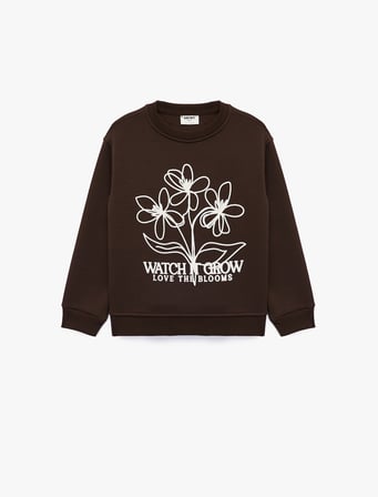 Uzun Kollu Bisiklet Yaka Çiçek Baskılı Sweatshirt