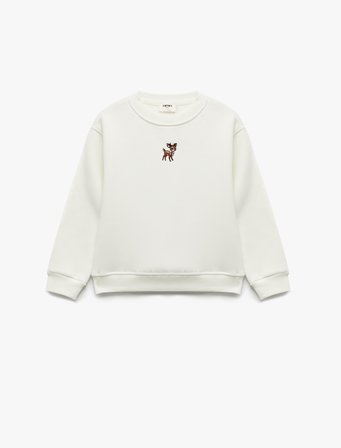 Geyik Nakış Detaylı Uzun Kollu Bisiklet Yaka Şardonlu Sweatshirt