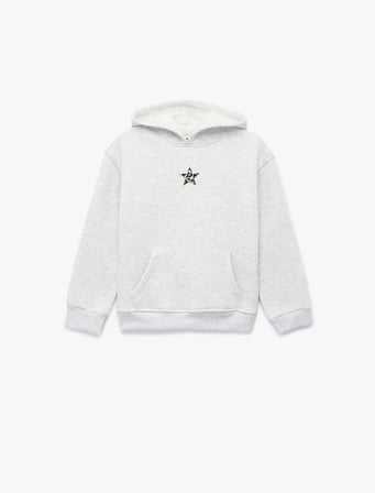 Yıldız Detaylı Şardonlu Kanguru Cepli Uzun Kollu Kapşonlu Sweatshirt