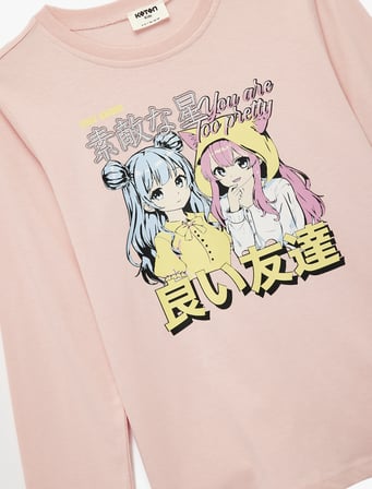 Pamuklu Uzun Kollu Bisiklet Yaka Anime Baskılı Tişört