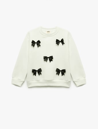 Fiyonklu Uzun Kollu Bisiklet Yaka Pamuklu Şardonlu Sweatshirt