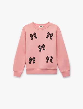 Fiyonklu Uzun Kollu Bisiklet Yaka Pamuklu Şardonlu Sweatshirt