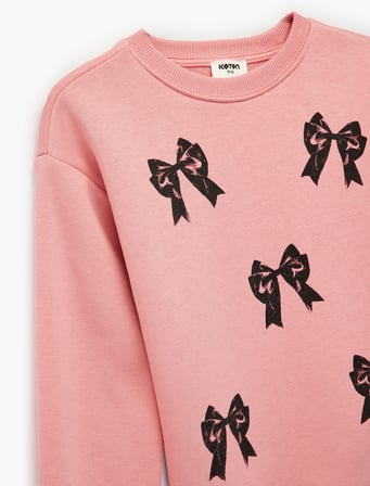 Fiyonklu Uzun Kollu Bisiklet Yaka Pamuklu Şardonlu Sweatshirt