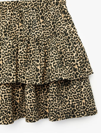 Beli Lastikli Kat Detaylı Leopar Desenli Pileli Etek