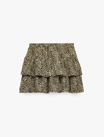 Beli Lastikli Kat Detaylı Leopar Desenli Pileli Etek
