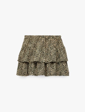 Beli Lastikli Kat Detaylı Leopar Desenli Pileli Etek
