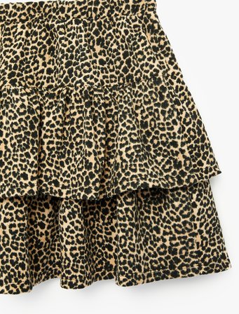 Beli Lastikli Kat Detaylı Leopar Desenli Pileli Etek