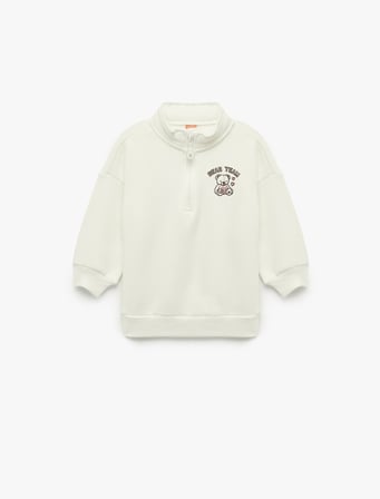 Sweatshirt Dik Yaka Uzun Kollu Yarım Fermuarlı Baskı Detaylı Şardonlu