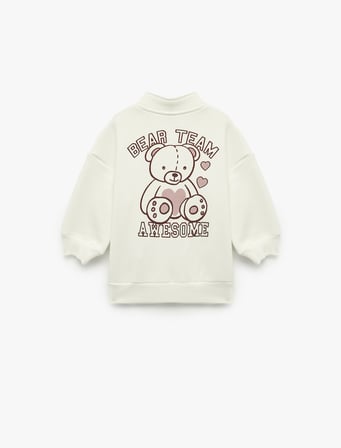 Sweatshirt Dik Yaka Uzun Kollu Yarım Fermuarlı Baskı Detaylı Şardonlu