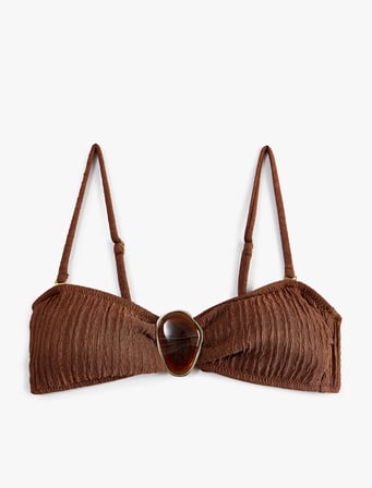 Çıkarılabilir Askılı Aksesuar Detaylı Dokulu Straplez Bikini Üstü