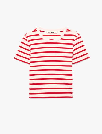 Slim Fit Viskon Karışımlı Kısa Kollu Bisiklet Yaka Çizgili Tişört