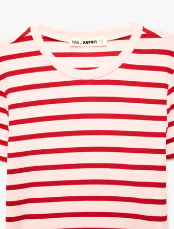 Slim Fit Viskon Karışımlı Kısa Kollu Bisiklet Yaka Çizgili Tişört