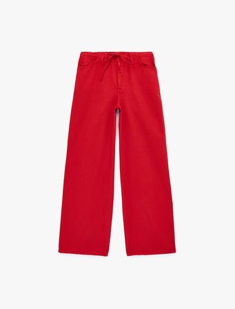 Pamuklu Cep Detaylı Beli Bağcıklı Bol Pantolon - Loose Straight Fit Jean