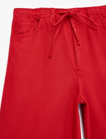 Pamuklu Cep Detaylı Beli Bağcıklı Bol Pantolon - Loose Straight Fit Jean