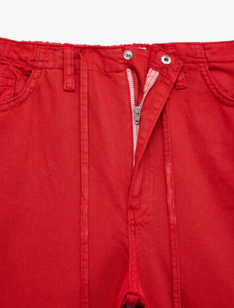 Pamuklu Cep Detaylı Beli Bağcıklı Bol Pantolon - Loose Straight Fit Jean