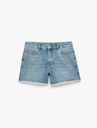 Pamuklu Yüksek Bel Taş Detaylı Mini Denim Şort