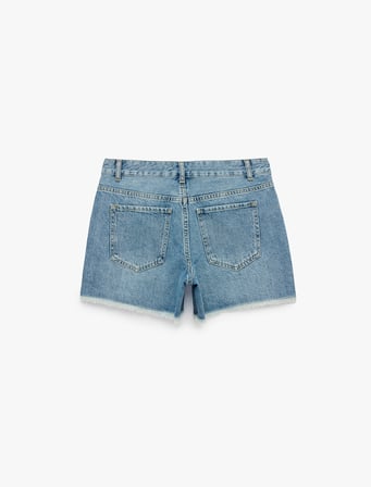 Pamuklu Yüksek Bel Taş Detaylı Mini Denim Şort