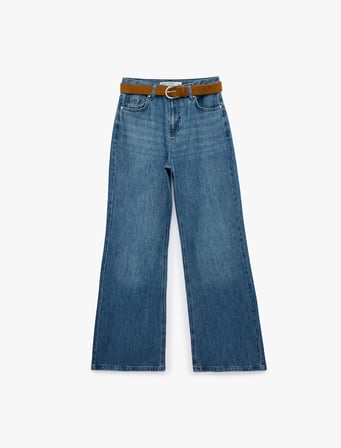 Normal Bel Pamuklu Cepli Kemerli İspanyol Paça Jean Pantolon - Flare Jeans