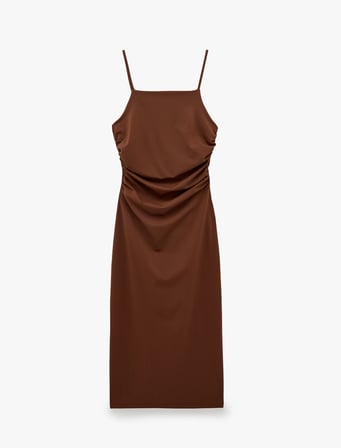 Slim Fit Kare Yaka İp Askılı Drapeli Midi Elbise