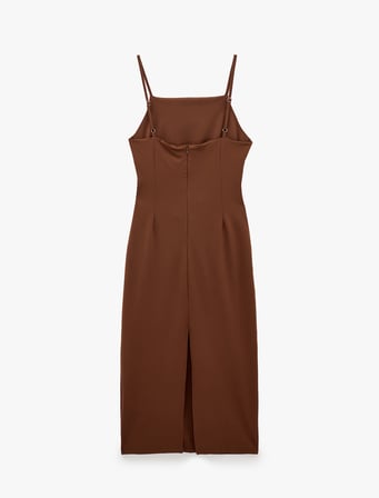 Slim Fit Kare Yaka İp Askılı Drapeli Midi Elbise
