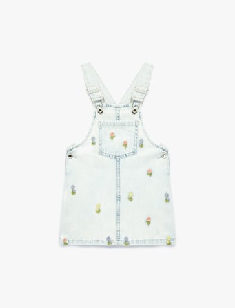 Çiçek Nakış Detaylı Cepli Askılı Denim Jile Elbise