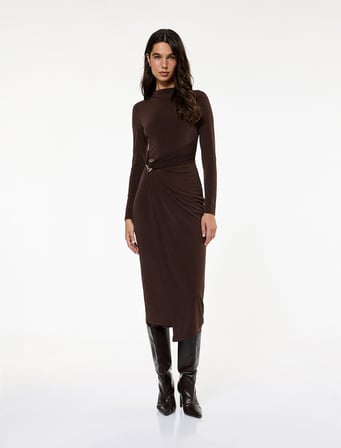 Koton X Sibil Çetinkaya - Uzun Kollu Dik Yaka Metal Aksesuarlı Slim Fit Maxi Elbise