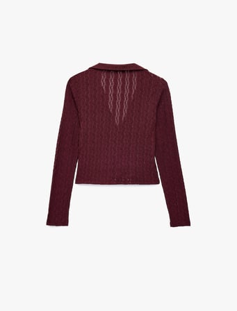 Slim Fit Uzun Kollu Düğmeli Polo Yaka Ajurlu Tişört