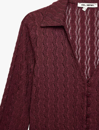 Slim Fit Uzun Kollu Düğmeli Polo Yaka Ajurlu Tişört